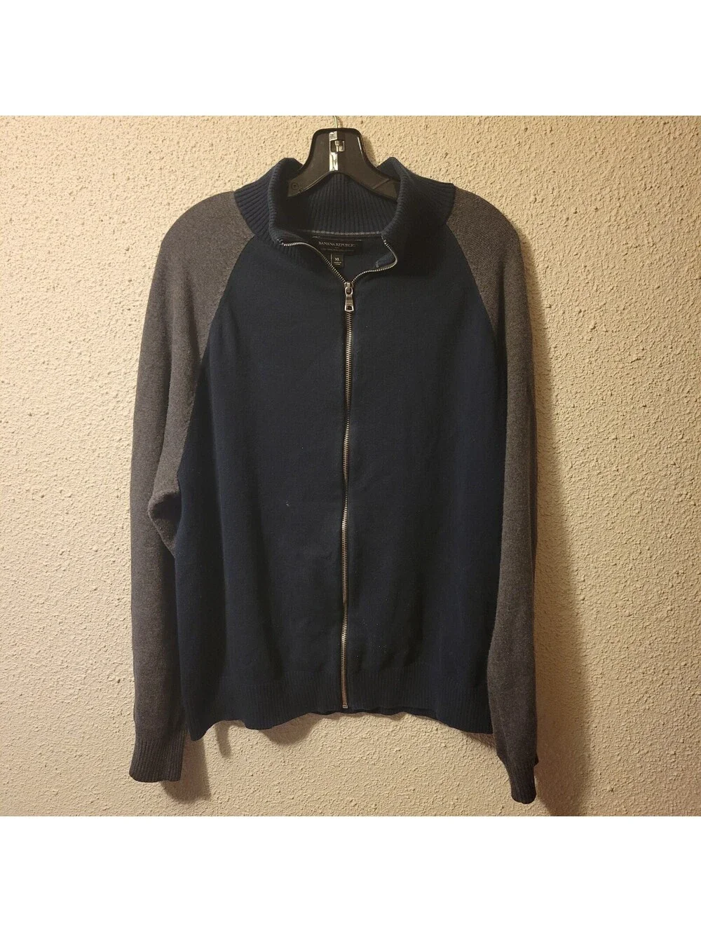 BANANA REPUBLIC Gray Heather Blue Cotton Baseball Sweater Jacket Size XL